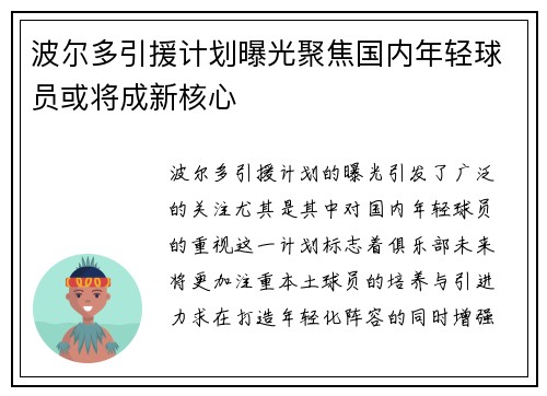 波尔多引援计划曝光聚焦国内年轻球员或将成新核心