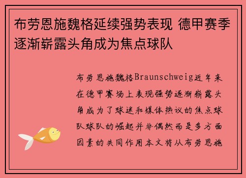 布劳恩施魏格延续强势表现 德甲赛季逐渐崭露头角成为焦点球队